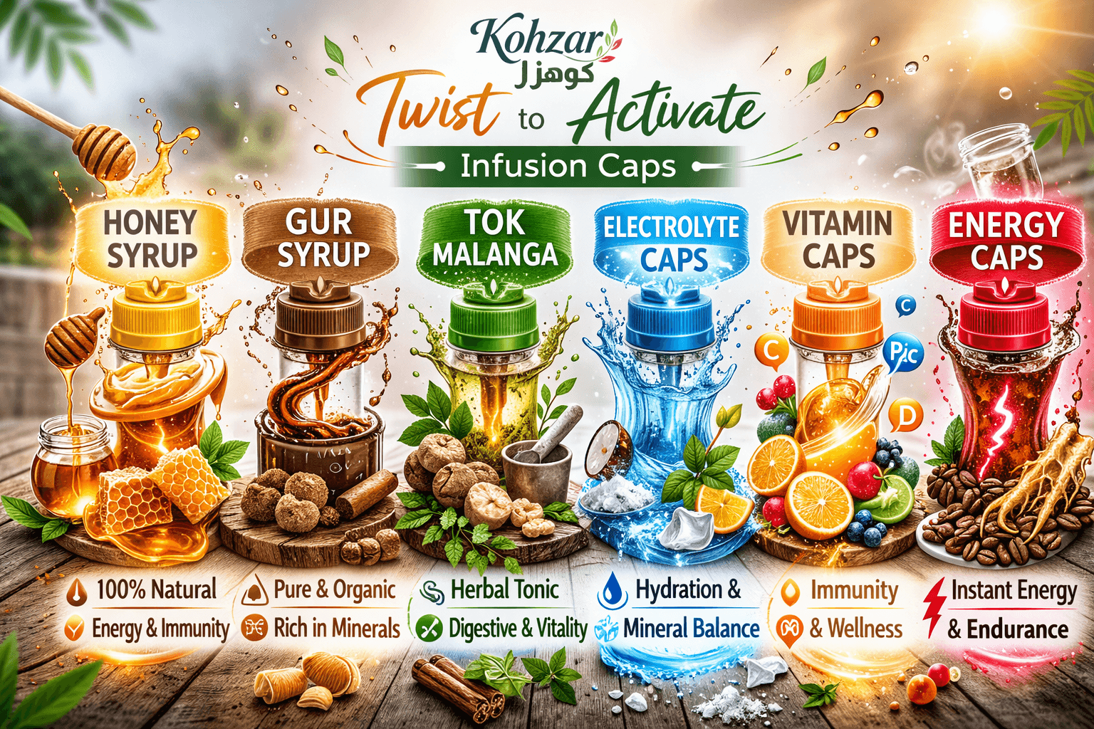 Kohzar Drink Boosters are twist-to-activate caps that infuse water with honey, gur, herbal blends, electrolytes, and energy-support formulas. Convenient, clean, and crafted for everyday wellness.
